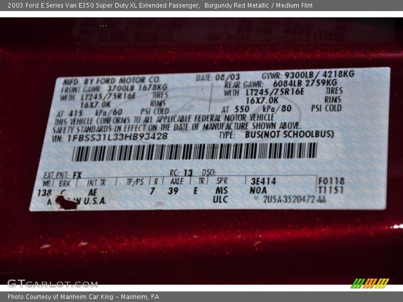 2003 E Series Van E350 Super Duty XL Extended Passenger Burgundy Red Metallic Color Code FX