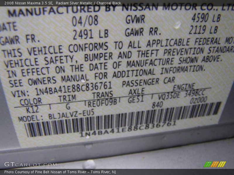 Radiant Silver Metallic / Charcoal Black 2008 Nissan Maxima 3.5 SE