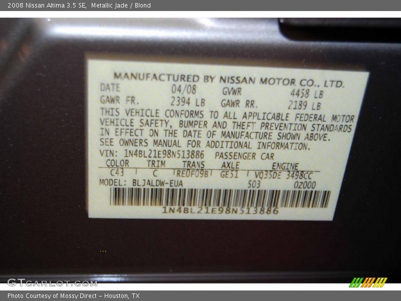 Metallic Jade / Blond 2008 Nissan Altima 3.5 SE