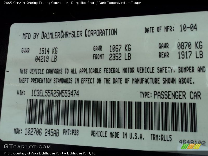 Deep Blue Pearl / Dark Taupe/Medium Taupe 2005 Chrysler Sebring Touring Convertible