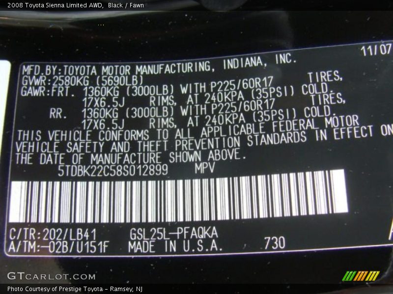Black / Fawn 2008 Toyota Sienna Limited AWD