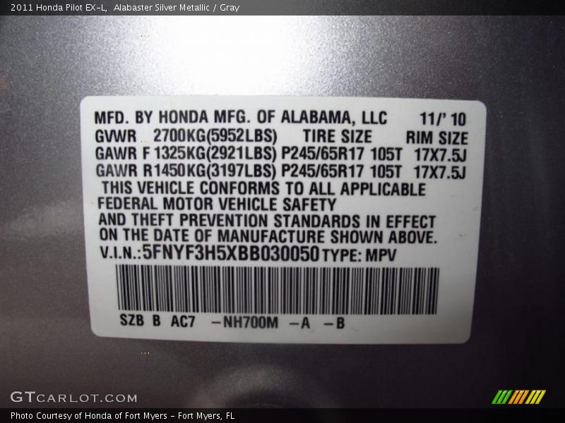 Alabaster Silver Metallic / Gray 2011 Honda Pilot EX-L