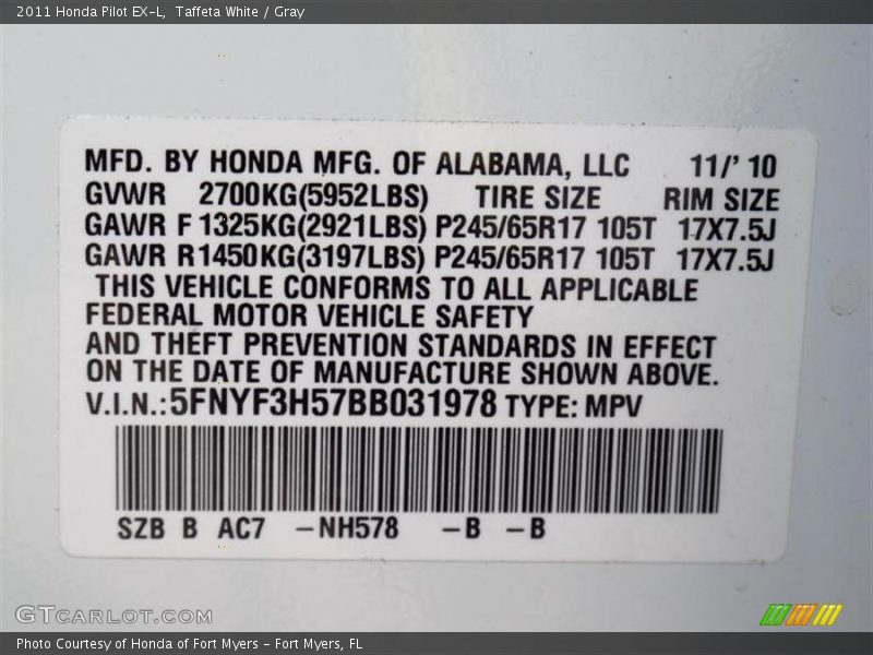 Taffeta White / Gray 2011 Honda Pilot EX-L