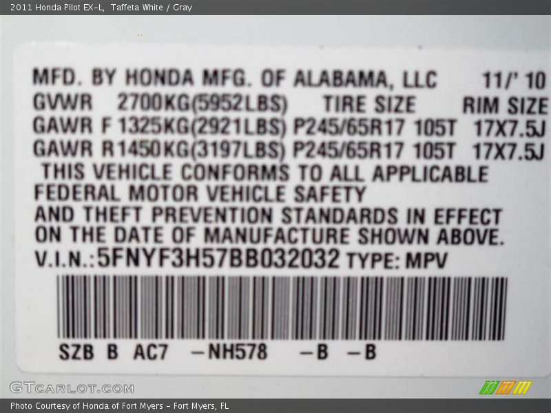 Taffeta White / Gray 2011 Honda Pilot EX-L