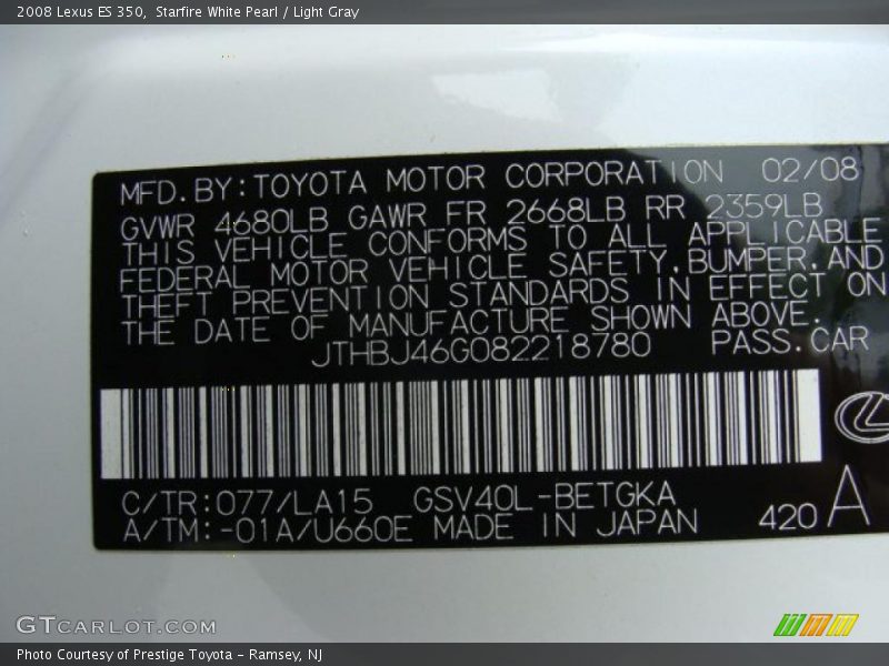 Starfire White Pearl / Light Gray 2008 Lexus ES 350