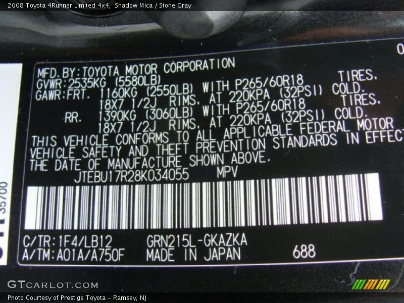 2008 4Runner Limited 4x4 Shadow Mica Color Code 1F4