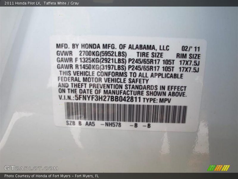 Taffeta White / Gray 2011 Honda Pilot LX