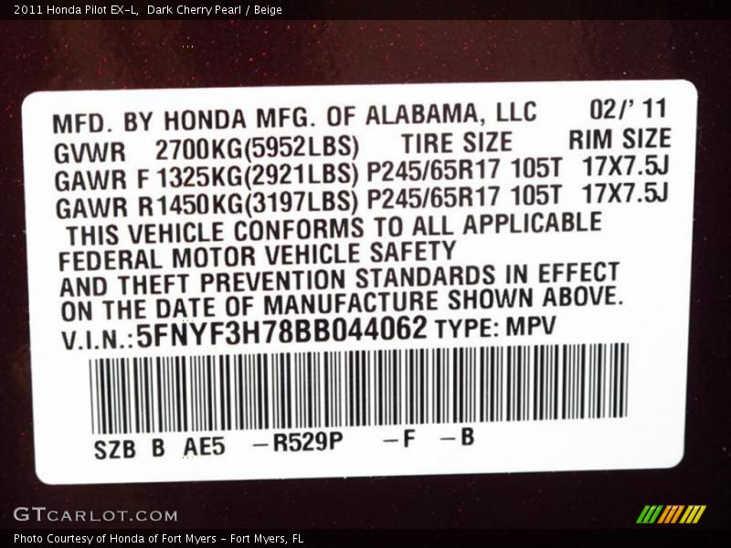 Dark Cherry Pearl / Beige 2011 Honda Pilot EX-L