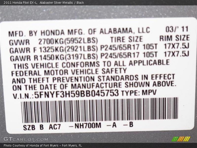 Alabaster Silver Metallic / Black 2011 Honda Pilot EX-L