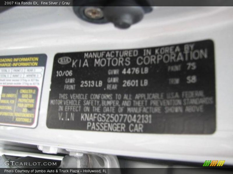 Fine Silver / Gray 2007 Kia Rondo EX