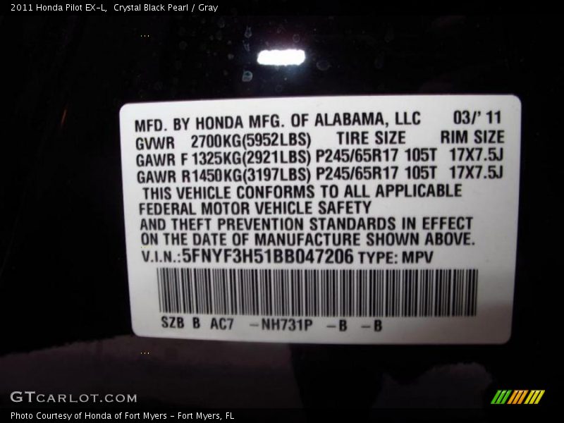 Crystal Black Pearl / Gray 2011 Honda Pilot EX-L