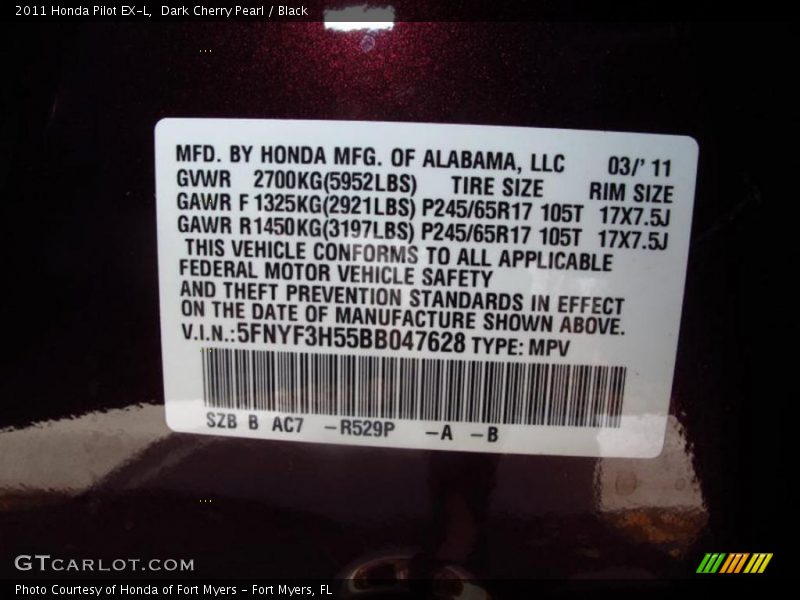 Dark Cherry Pearl / Black 2011 Honda Pilot EX-L