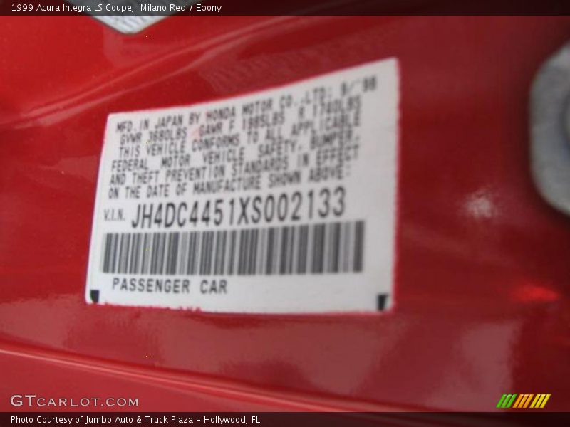 Milano Red / Ebony 1999 Acura Integra LS Coupe