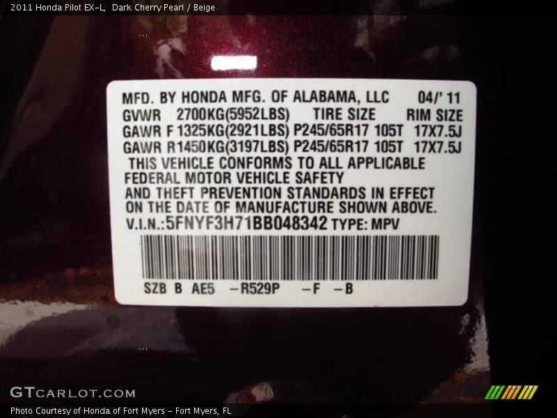 Dark Cherry Pearl / Beige 2011 Honda Pilot EX-L