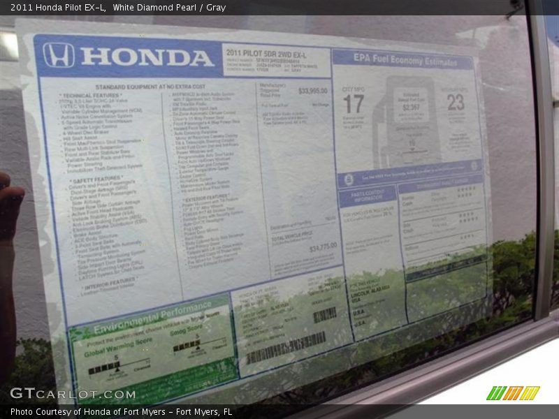 White Diamond Pearl / Gray 2011 Honda Pilot EX-L