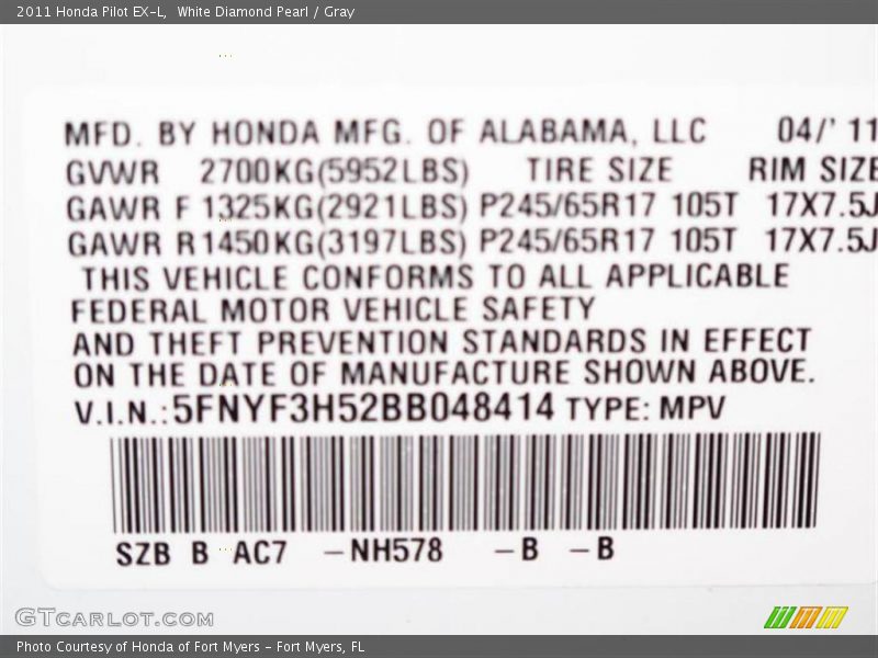 White Diamond Pearl / Gray 2011 Honda Pilot EX-L
