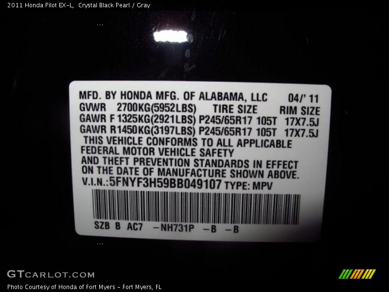 Crystal Black Pearl / Gray 2011 Honda Pilot EX-L