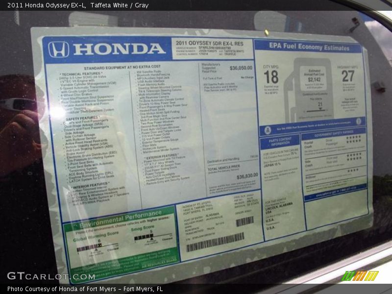 Taffeta White / Gray 2011 Honda Odyssey EX-L