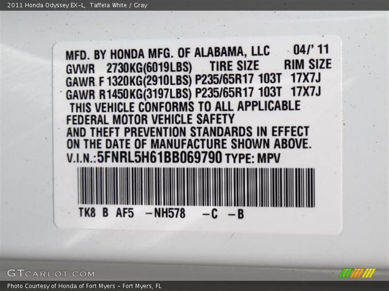 Taffeta White / Gray 2011 Honda Odyssey EX-L