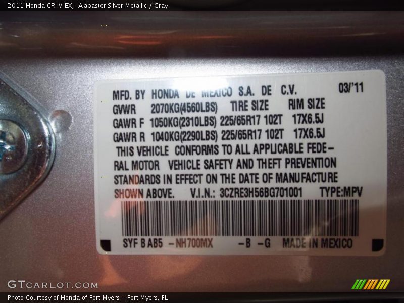 Alabaster Silver Metallic / Gray 2011 Honda CR-V EX