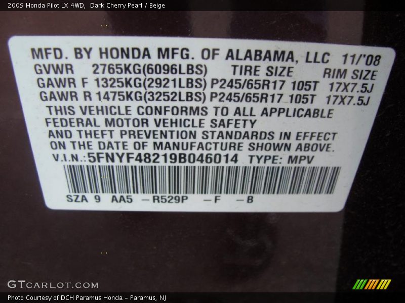 2009 Pilot LX 4WD Dark Cherry Pearl Color Code R529P