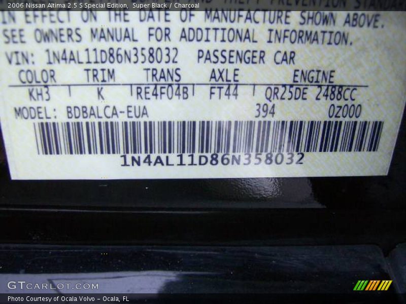Super Black / Charcoal 2006 Nissan Altima 2.5 S Special Edition