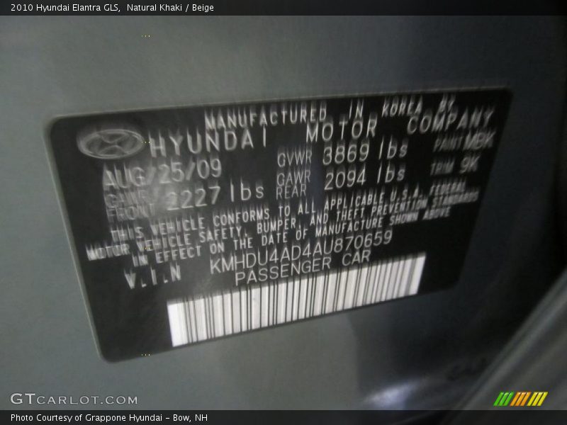 Natural Khaki / Beige 2010 Hyundai Elantra GLS