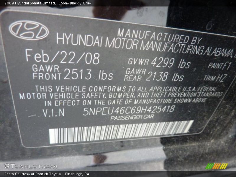 Info Tag of 2009 Sonata Limited