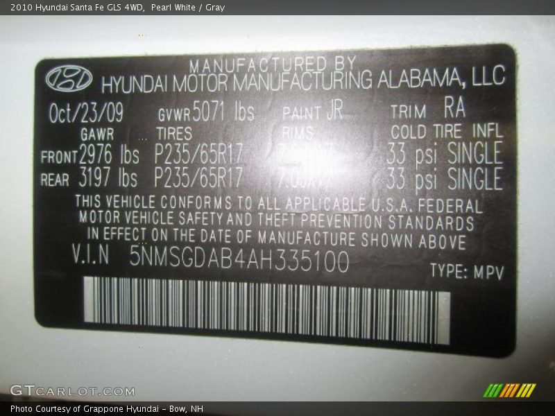 Pearl White / Gray 2010 Hyundai Santa Fe GLS 4WD