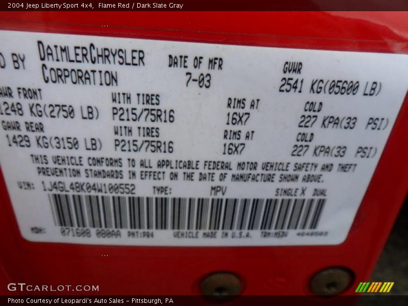 Flame Red / Dark Slate Gray 2004 Jeep Liberty Sport 4x4