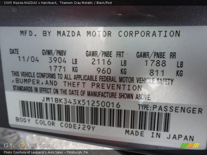 Titanium Gray Metallic / Black/Red 2005 Mazda MAZDA3 s Hatchback