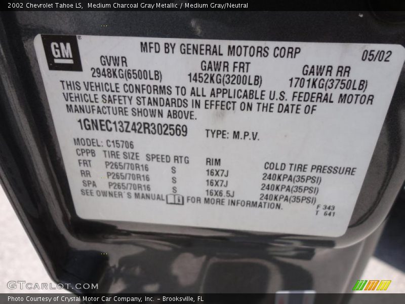 Medium Charcoal Gray Metallic / Medium Gray/Neutral 2002 Chevrolet Tahoe LS