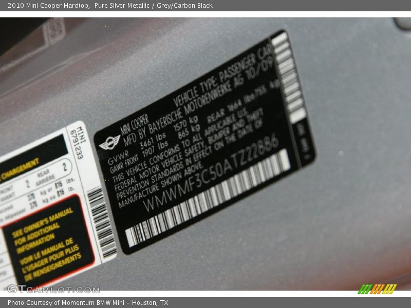 Pure Silver Metallic / Grey/Carbon Black 2010 Mini Cooper Hardtop