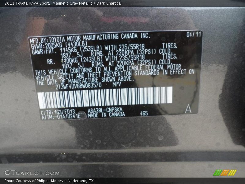 2011 RAV4 Sport Magnetic Gray Metallic Color Code 1G3