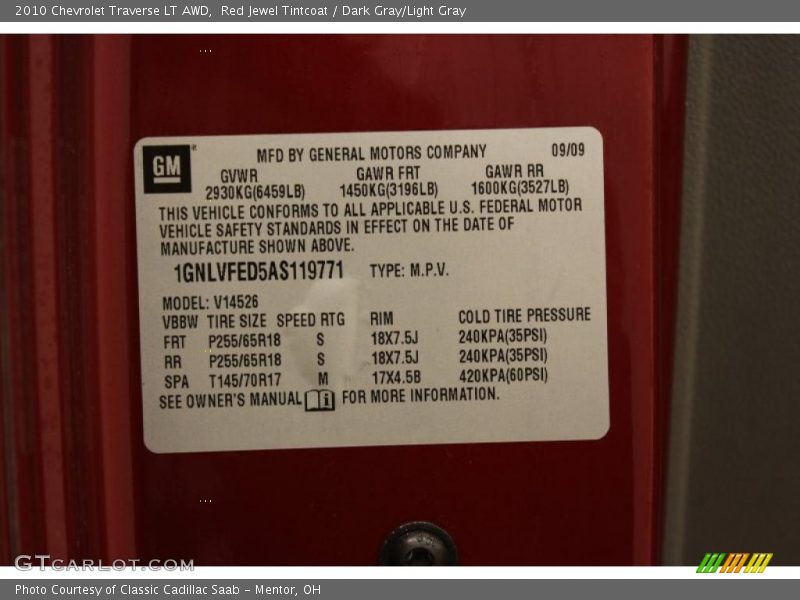 Red Jewel Tintcoat / Dark Gray/Light Gray 2010 Chevrolet Traverse LT AWD