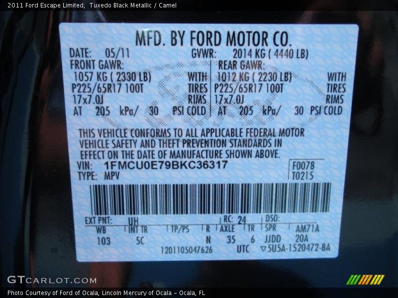 Tuxedo Black Metallic / Camel 2011 Ford Escape Limited