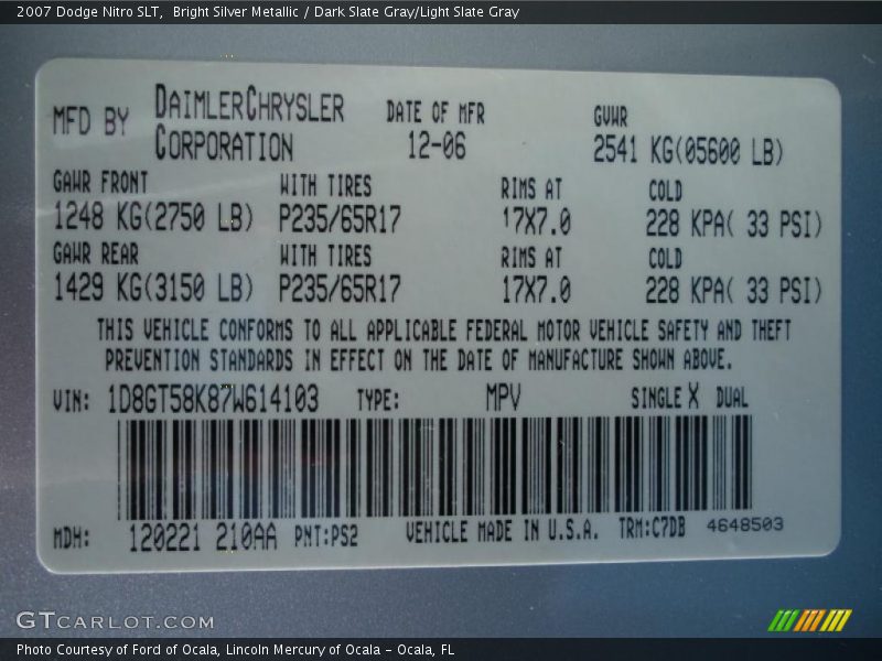Bright Silver Metallic / Dark Slate Gray/Light Slate Gray 2007 Dodge Nitro SLT