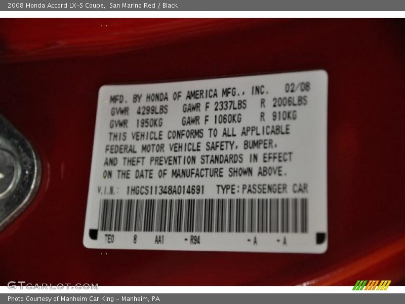 San Marino Red / Black 2008 Honda Accord LX-S Coupe