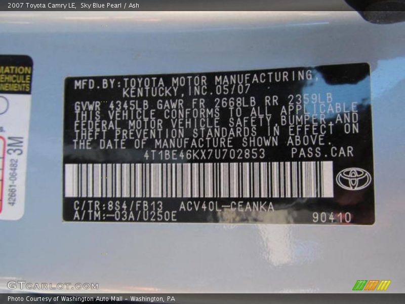 Sky Blue Pearl / Ash 2007 Toyota Camry LE