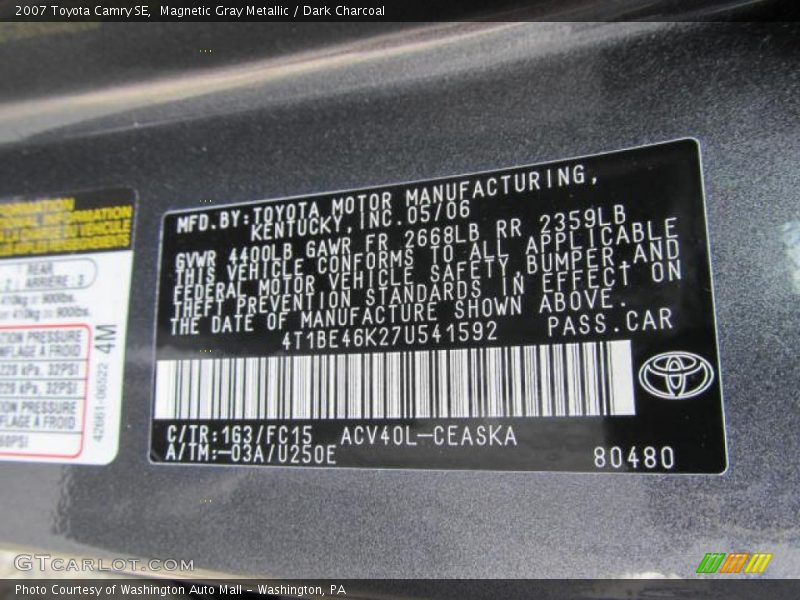 Magnetic Gray Metallic / Dark Charcoal 2007 Toyota Camry SE