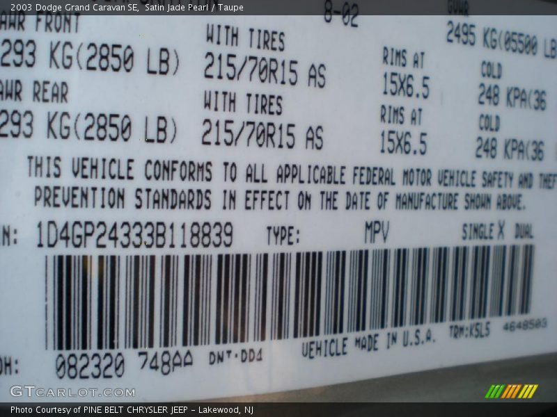 Satin Jade Pearl / Taupe 2003 Dodge Grand Caravan SE