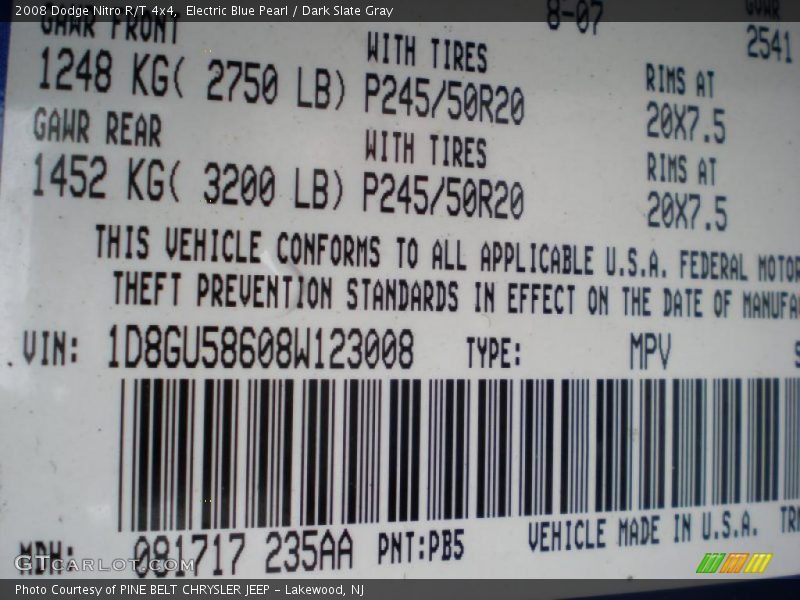 Electric Blue Pearl / Dark Slate Gray 2008 Dodge Nitro R/T 4x4
