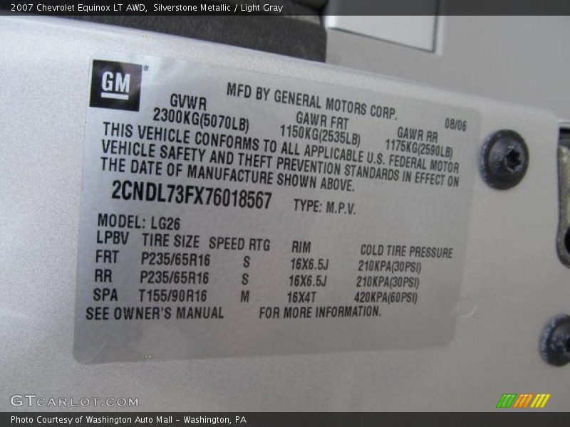 Silverstone Metallic / Light Gray 2007 Chevrolet Equinox LT AWD