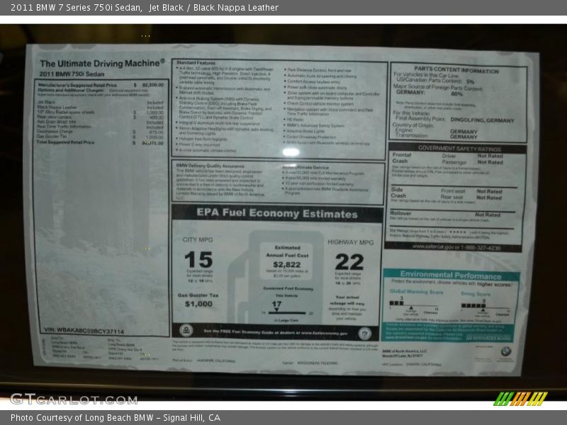  2011 7 Series 750i Sedan Window Sticker