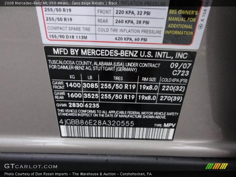 Sand Beige Metallic / Black 2008 Mercedes-Benz ML 350 4Matic