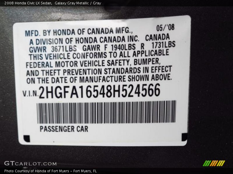 Galaxy Gray Metallic / Gray 2008 Honda Civic LX Sedan