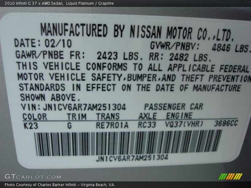 2010 G 37 x AWD Sedan Liquid Platinum Color Code K23