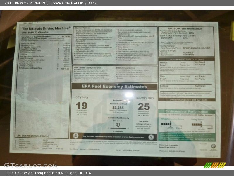  2011 X3 xDrive 28i Window Sticker