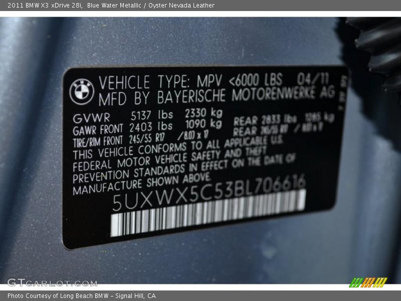 Info Tag of 2011 X3 xDrive 28i