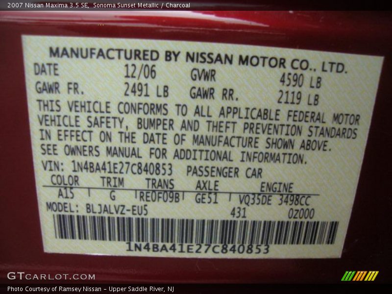 Sonoma Sunset Metallic / Charcoal 2007 Nissan Maxima 3.5 SE